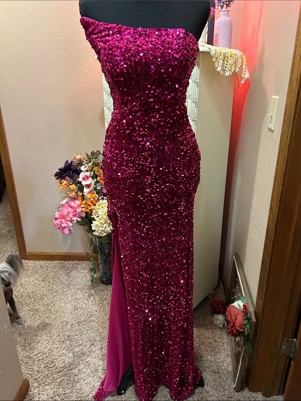 Strapless Sequin Evening Gown in Deep Magenta